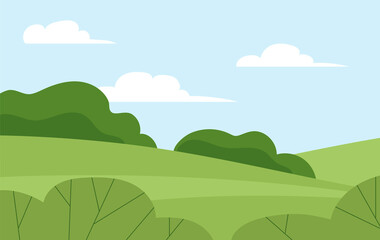 Obraz premium Summer landscape of nature. Panorama with green forests, fields and blue sky with clouds. Rural scener. Flat illustration