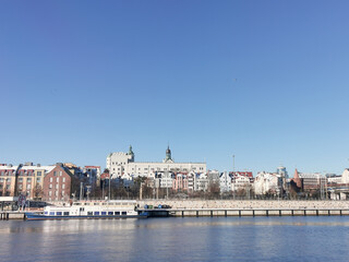 Obraz premium Panoramic view of old town in Szczecin, Stettin city. Waterfront by the Odra River, Poland.