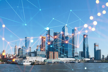 Plakat New York City skyline from New Jersey over the Hudson River towards the Hudson Yards at day. Manhattan, Midtown. Social media hologram. Concept of networking and establishing new people connections