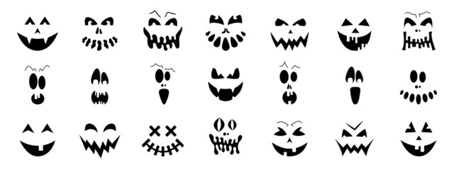 Set of creepy, scary emotions, emojis for Halloween. Face design for festive pumpkins. Icons of frightening facial expressions. Symbols of the holiday. An evil smile. Vector illustration