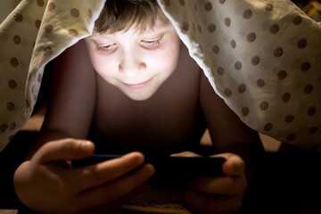 A cute little teen boy hides under a blanket and watches a fairy tale about magical worlds on a tablet