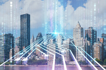 New York skyline from Roosevelt Island over the East river towards skyscrapers of Midtown Manhattan, day time. Artificial Intelligence concept, hologram. AI, machine learning, neural network, robotics