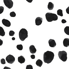 Seamless pattern of black and white Dalmatian skin with many random spots and realistic blank space around. Hand drawn watercolour sketchy painting for creative design, banner, poster, label, package.