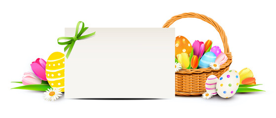 Colorful easter basket with painted easter eggs, tulip flowers and greeting card 