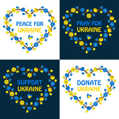 Peace for Ukraine, Pray for Ukraine, Support Ukraine, donate Ukraine, text with Ukraine flag concept. Ukraine flag in heart shape concept vector illustration.