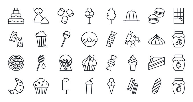 Bakery products, chocolate, candies, sweets icon set. Confectionery isolated vector line icons