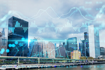 Plakat New York City skyline, United Nation headquarters over East River, Manhattan, Midtown at day time, NYC, USA. Forex graph hologram. The concept of internet trading, brokerage and fundamental analysis