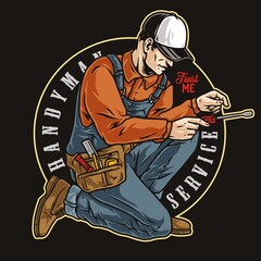 Repair worker with screwdriver round emblem