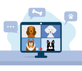 Videoconferencing with dogs. Pets using computer. Online meeting. Video call with dogs. Vector illustration 