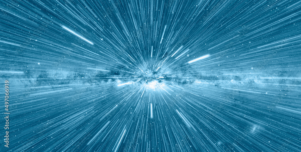Aufkleber Hyperspace jump milky way galaxy in the background - Space Travelling in the Speed of Light - Abstract light with fibre-optic. 