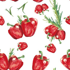 Watercolor vegetables. Pattern with red pepper and rosemary. Sweet pepper. Watercolor illustration on a white background. Hand drawn isolated fresh red pepper paprika. Design greeting card, packaging