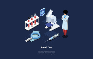 Isometric 3D Concept Of Virus And Blood Test. Scientist Making Laboratory Research Of Blood And Make A Vaccine. Science Experiment With Microscope And Professional Equipment. 3D Vector Illustration