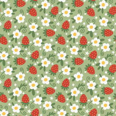 Cute summer fabric design. Seamless pattern of red strawberry and white flowers on a green background. Trendy doodle print for wallpaper and packaging design. Sweet berries background