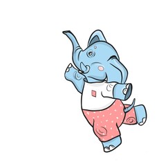 Cartoon elephant doing physical exercise,healthy lifestyle, hand drawn color illustration