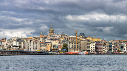 View from the sea on the historic part of Istanbul with the Galata Tower