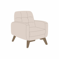 Light comfortable lounge armchair in scandinavian style. Stylish design element for cozy home decoration. Hand drawn vector illustration isolated on white background. Modern flat cartoon style.