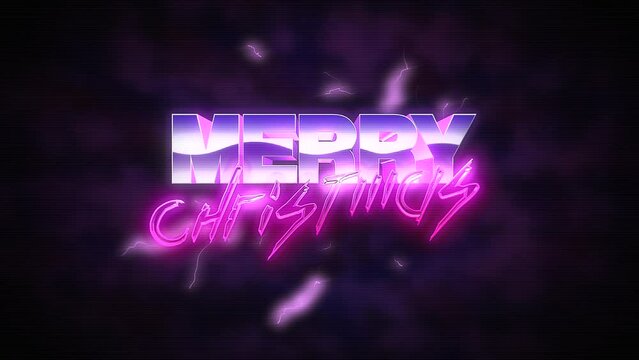 Merry Christmas with purple thunderbolts in retro style, motion holidays and club style background