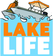 This clip art features a pontoon  boat making waves with the text lake life. 
