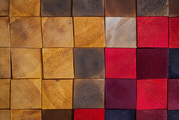 Multi coloured wooden texture with square pattern. Decorative wooden plank panel.