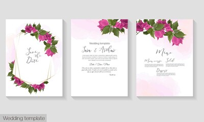 Tropical vector template for wedding invitation. Pink bougainvillea, golden frame, pink watercolor background