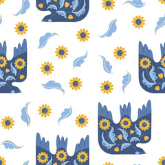 Seamless pattern birds peace ukraine doves folk flowers