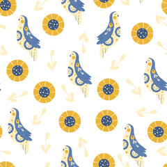 Seamless pattern birds peace ukraine doves folk flowers