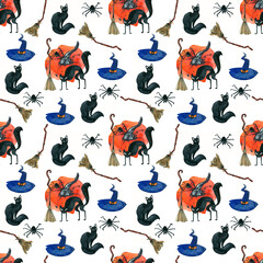 Seamless pattern with Halloween elements, pumpkin, cats, witch hats and brooms, bats on a white background.