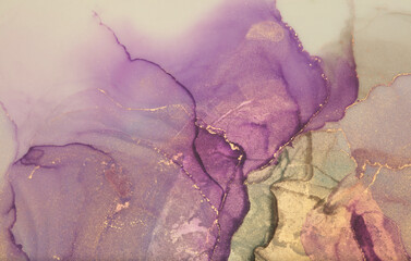 Abstract lilac, beige and gold glitter watercolor and alcohol ink horizontal copy space background. Marble texture.