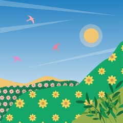 Summer landscape. flowering meadows and hills. birds and sun in the sky