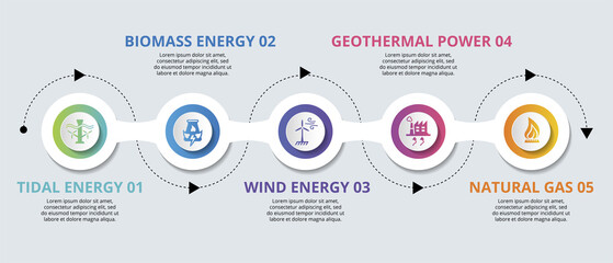 Infographic Alternative Energy template. Icons in different colors. Include Tidal Energy, Biomass Energy, Wind Energy, Geothermal Power and others.