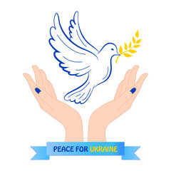 Peace for Ukraine symbol with dove icon and care hands with Ukraine flag. 