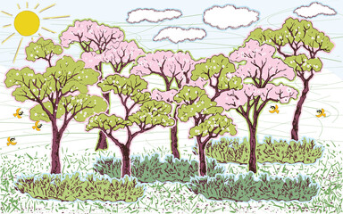 'Vector applique' of flowering trees on a spring sunny day - 497071373