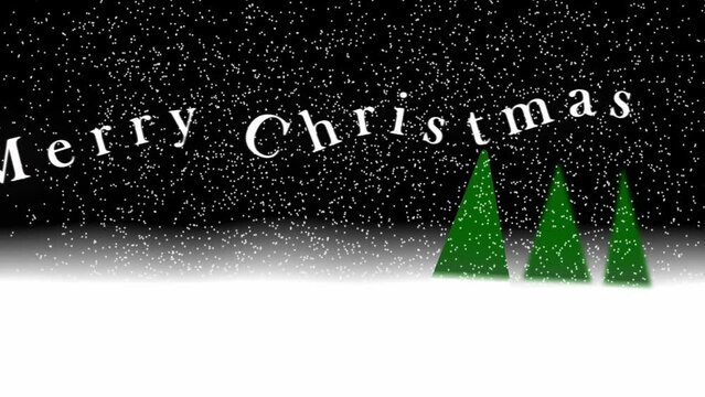 Merry Christmas greeting on trees on winter snowfall background animation 