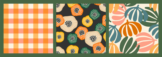 Set of abstract simple seamless pattern with flowers. Modern design for paper, cover, fabric, interior decor and other