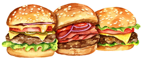 three burgers with meat, onion, tomatos, salad, watercolour hand drawn illustration