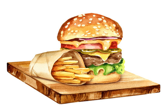 watercolour burger with meat, onion, tomatos, salad and fried potatoes on a cutting board