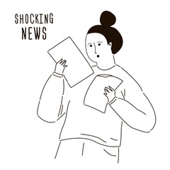 Business woman shocked with negative information. Young girl reading news in newspaper. Bad new and media concept. Surprised lady read paper
