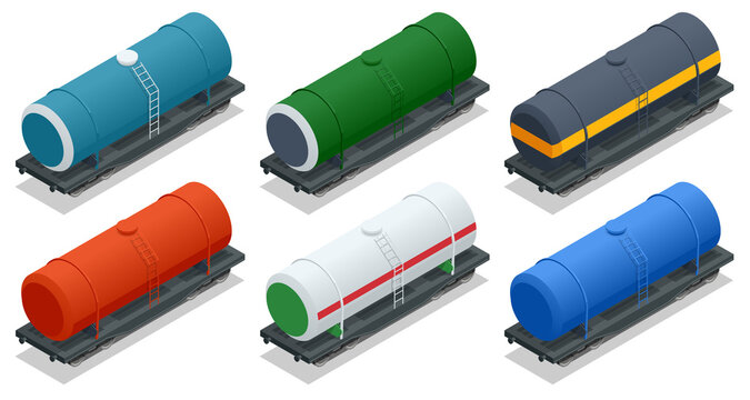 Isometric Rail Oil Gasoline Tanker Car. Cargo Freight Forwarding Transport. Railway tank for fuel. Rail freight transportation. Railway tank for transportation of petroleum products.