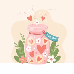 Support and charity concept. Glass jar with hearts inside. Helping others, donations, volunteering people. Cute vector illustration in flat cartoon style