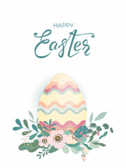 Easter card with colorful egg, leaves and flowers and hand drawn lettering text on white background. Egg Icon with beautiful floral cute design for festive invitation. Vector illustration.