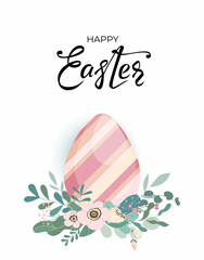 Easter card with colorful egg, leaves and flowers and hand drawn lettering text on white background. Egg Icon with beautiful floral cute design for festive invitation. Vector illustration.