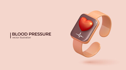 Blood pressure concept. 3D render of pink wireless smart watch with red heart. Arterial pressure measuring or checking apps. Vector realistic illustration in cartoon minimal style.