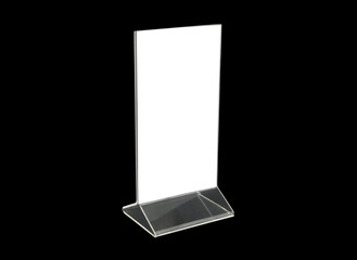 Vertical plastic desk display isolated on black. Advertising stand with copy space for text. 