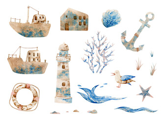 Watercolor set with sailboats. Hand-drawn illustrations of ships, gull, lifebuoy, lighthouse, knot and wave. © Lena