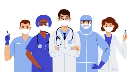 Obraz premium International medics team in face masks. Covid-19. Vaccination and pandemic prevention.