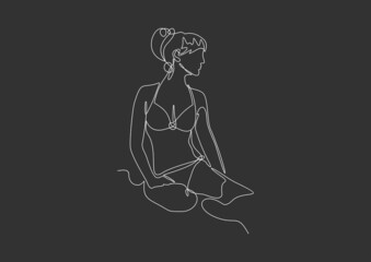 Woman sitting on the seashore sand. Vector Illustration for Beach Holidays, Summer vacation, Leisure, Recreation.Continuous line vector drawing. 