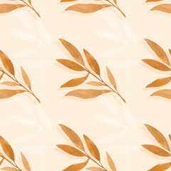 Seamless watercolor pattern of autumn branches with leaves