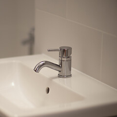 Water faucet with a bathtub on the background of a white sink, selective focus