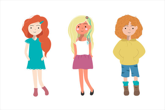 Girls cartoon characters set. Female images of teenagers. Women's fashion. Happy children