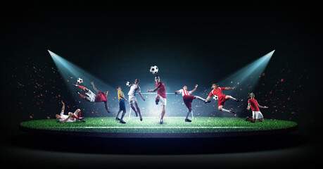 Football players and spotlights on stage, 3d rendering